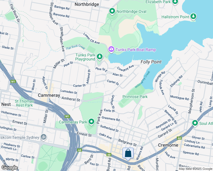 map of restaurants, bars, coffee shops, grocery stores, and more near 63 Carter Street in Cammeray