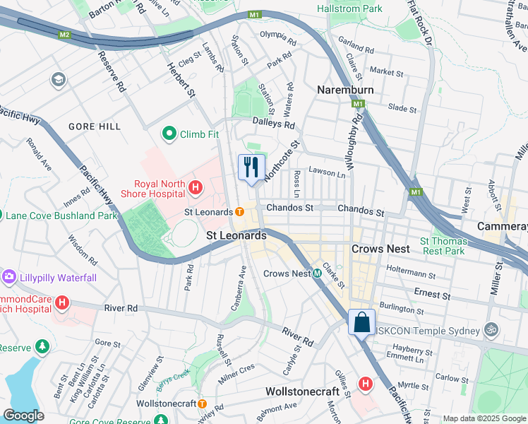 map of restaurants, bars, coffee shops, grocery stores, and more near 1 Chandos Street in Saint Leonards