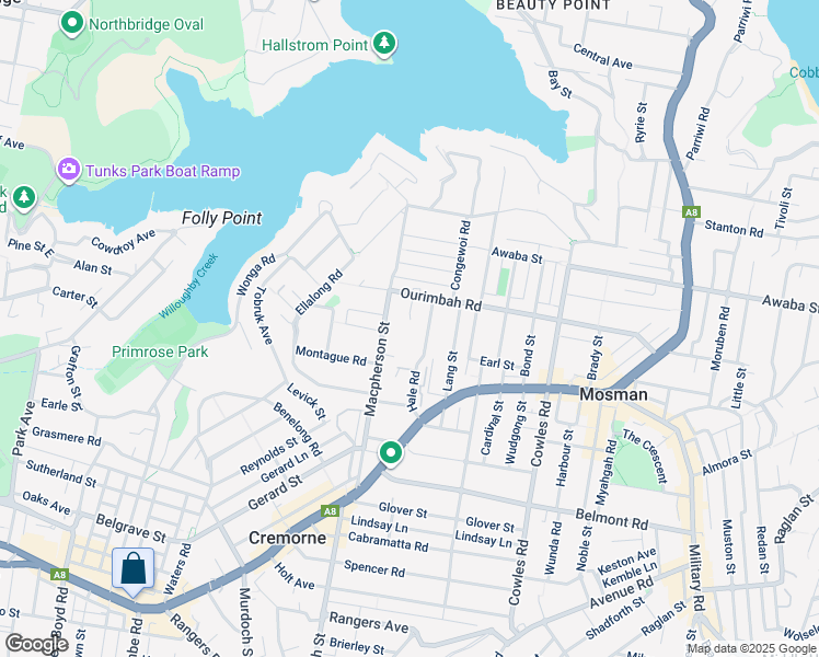 map of restaurants, bars, coffee shops, grocery stores, and more near 98 Ourimbah Road in Mosman