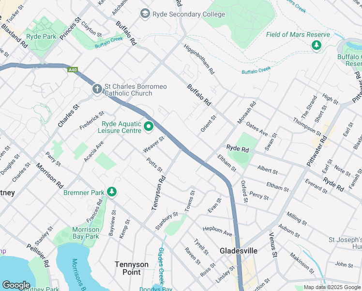 map of restaurants, bars, coffee shops, grocery stores, and more near 465 Victoria Road in Gladesville