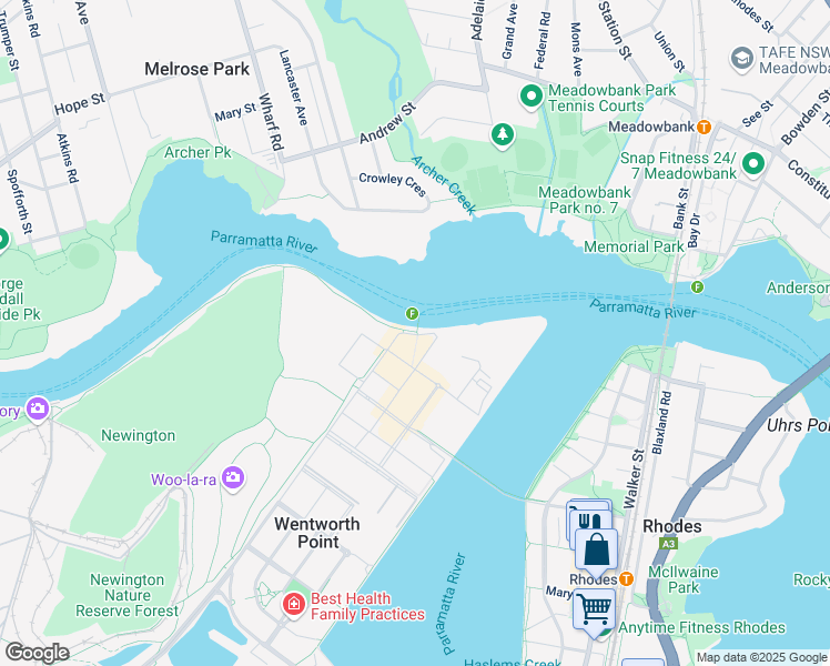 map of restaurants, bars, coffee shops, grocery stores, and more near in Sydney Olympic Park