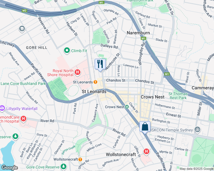 map of restaurants, bars, coffee shops, grocery stores, and more near 2-4 Atchison Street in St Leonards