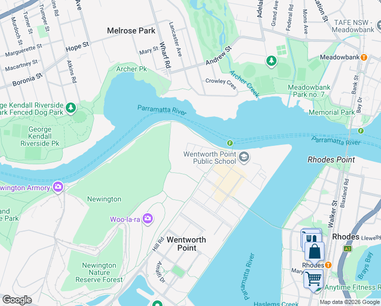 map of restaurants, bars, coffee shops, grocery stores, and more near Guwali Street in Sydney Olympic Park
