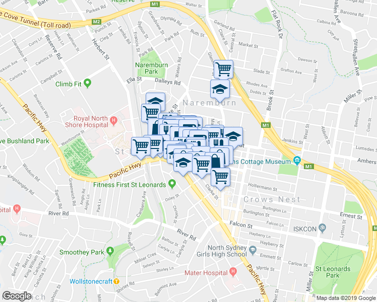 map of restaurants, bars, coffee shops, grocery stores, and more near 48 Atchison Street in Saint Leonards