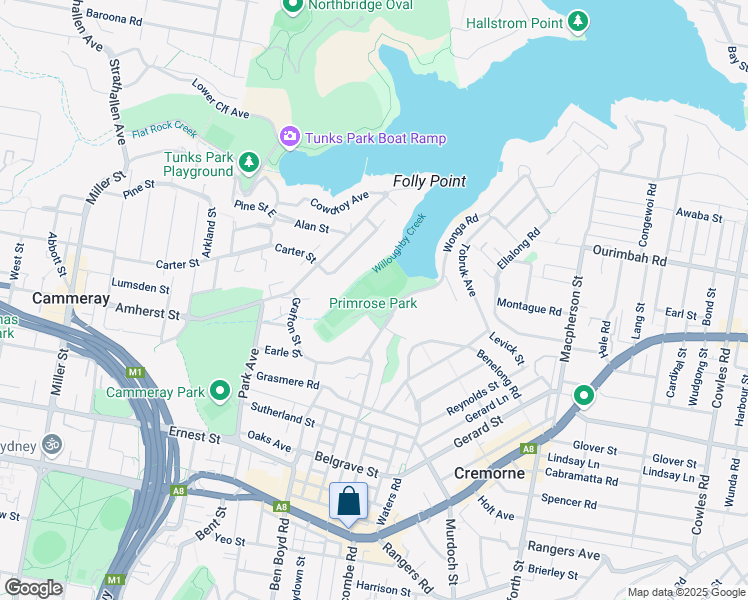 map of restaurants, bars, coffee shops, grocery stores, and more near Young Street in Cremorne