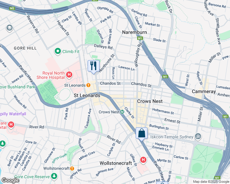map of restaurants, bars, coffee shops, grocery stores, and more near 15 Atchison Street in St Leonards