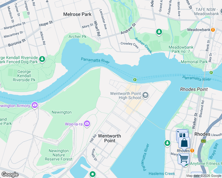 map of restaurants, bars, coffee shops, grocery stores, and more near 11 Wattlebird Road in Sydney Olympic Park