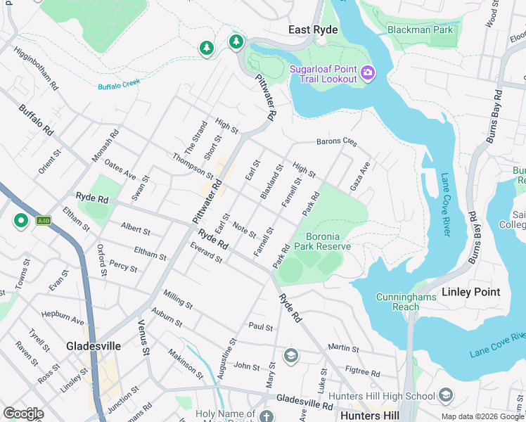 map of restaurants, bars, coffee shops, grocery stores, and more near 20 Princes Street in Hunters Hill