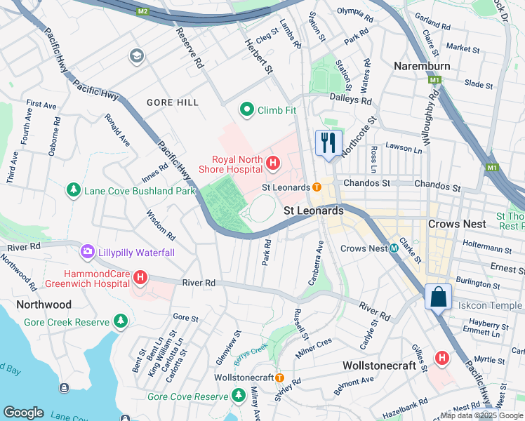 map of restaurants, bars, coffee shops, grocery stores, and more near 209 Pacific Highway in St Leonards