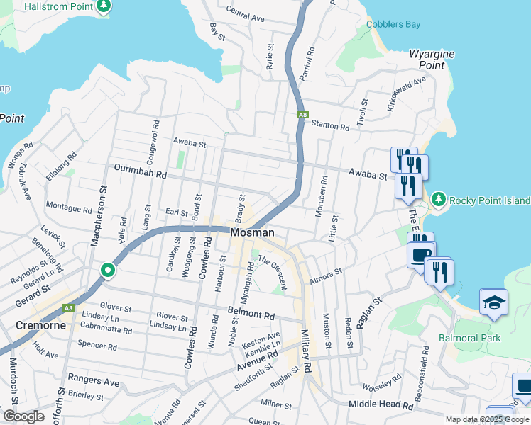 map of restaurants, bars, coffee shops, grocery stores, and more near 50 Spit Road in Mosman