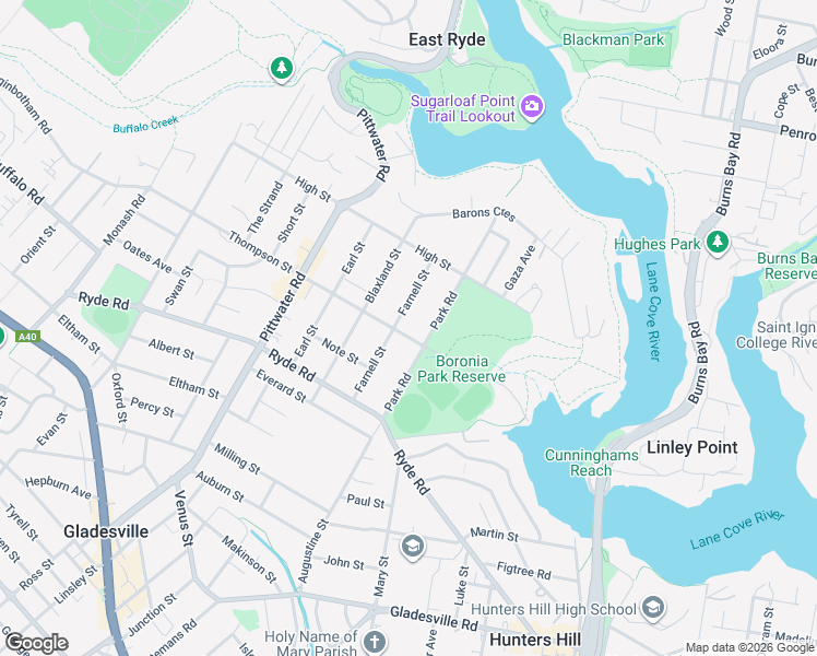 map of restaurants, bars, coffee shops, grocery stores, and more near 3 Princes Street in Hunters Hill