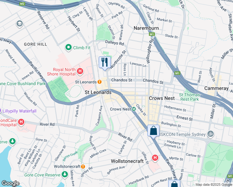map of restaurants, bars, coffee shops, grocery stores, and more near 500 Pacific Highway in St Leonards