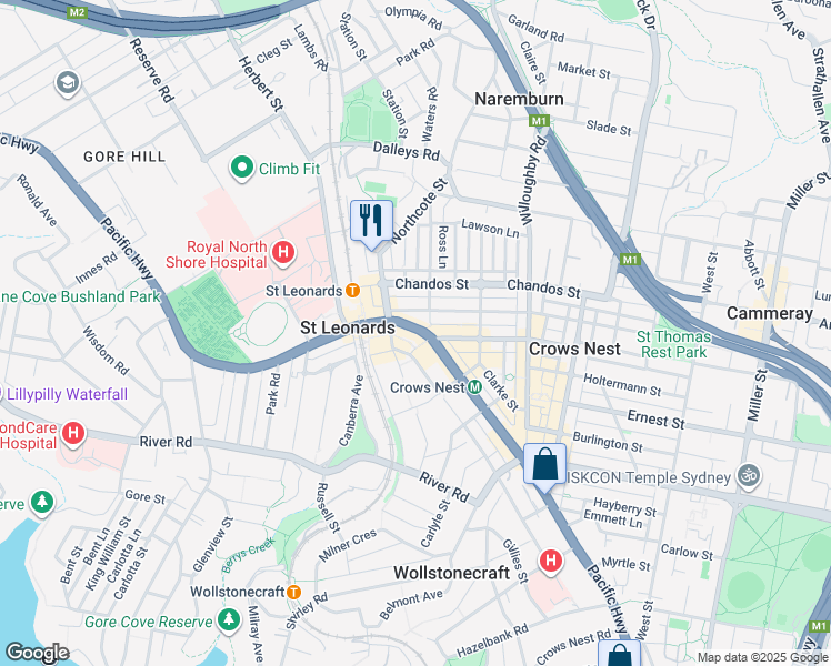 map of restaurants, bars, coffee shops, grocery stores, and more near 500 Pacific Highway in St Leonards