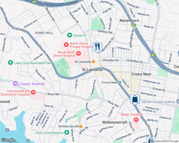 map of restaurants, bars, coffee shops, grocery stores, and more near 20 Pacific Highway in St Leonards