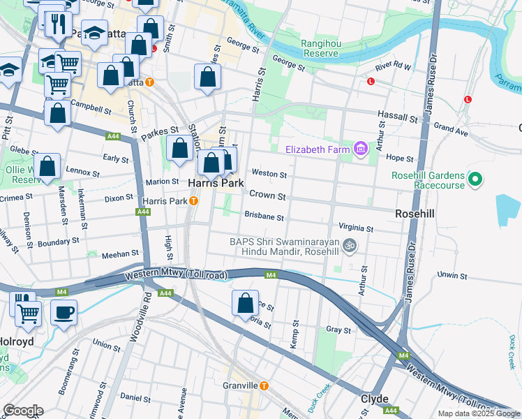 map of restaurants, bars, coffee shops, grocery stores, and more near 13 Brisbane Street in Harris Park