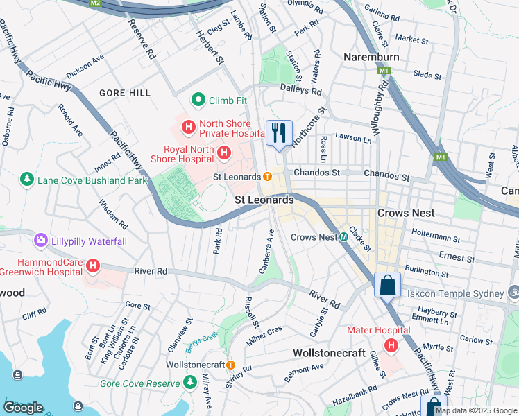 map of restaurants, bars, coffee shops, grocery stores, and more near 20 Pacific Highway in St Leonards