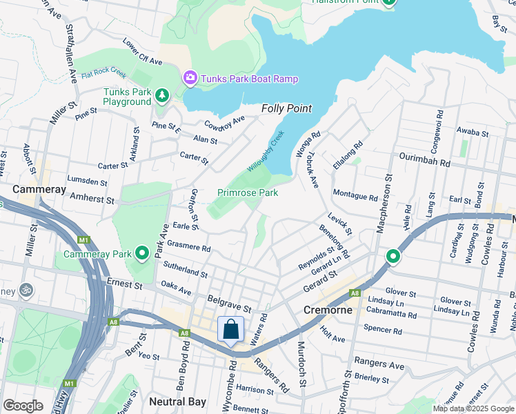 map of restaurants, bars, coffee shops, grocery stores, and more near Young Street in Cremorne