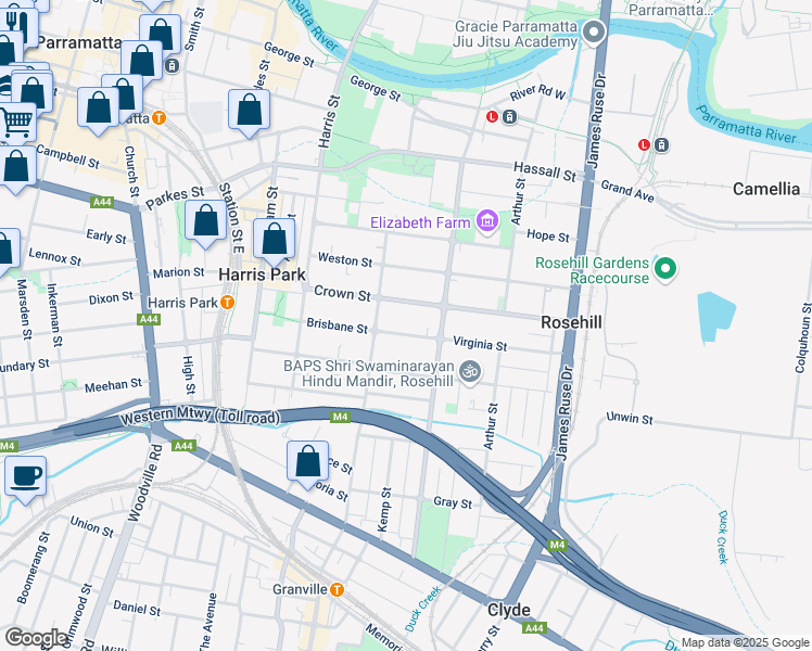 map of restaurants, bars, coffee shops, grocery stores, and more near 77 Virginia Street in Rosehill