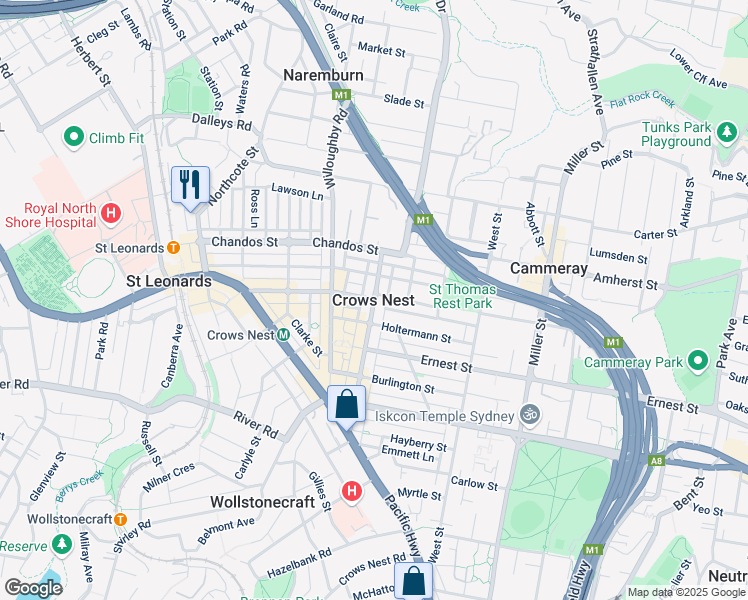 map of restaurants, bars, coffee shops, grocery stores, and more near in Crows Nest