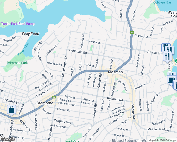 map of restaurants, bars, coffee shops, grocery stores, and more near Military Road in Mosman