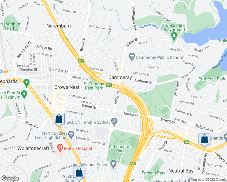 map of restaurants, bars, coffee shops, grocery stores, and more near 40-44 Rosalind Street in Cammeray