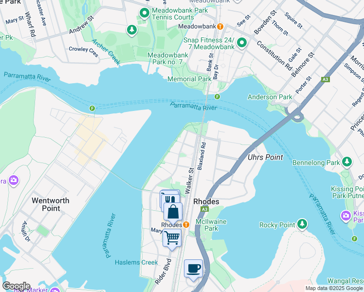 map of restaurants, bars, coffee shops, grocery stores, and more near 46 Shoreline Drive in Rhodes