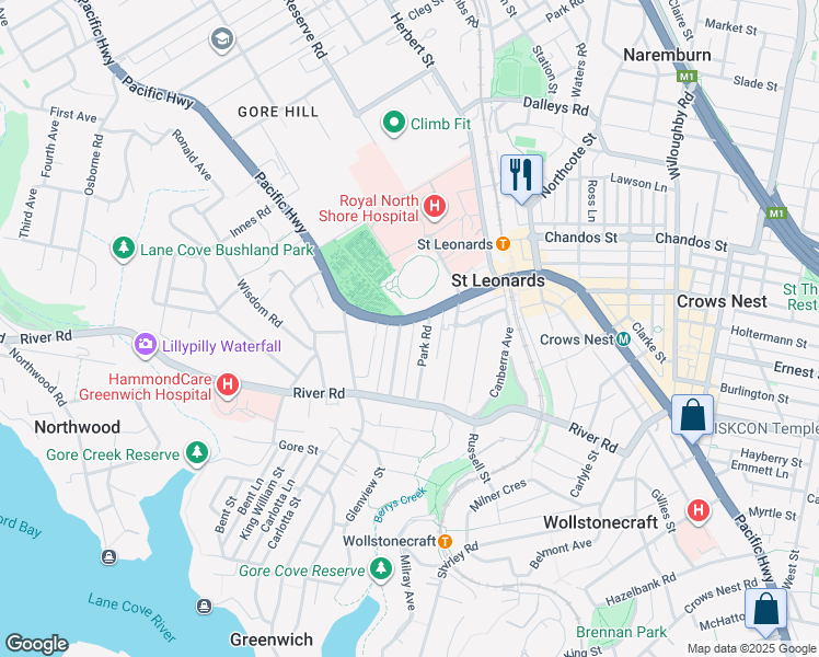 map of restaurants, bars, coffee shops, grocery stores, and more near 110 Pacific Highway in Greenwich
