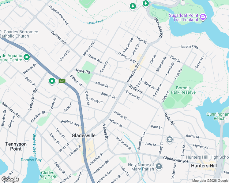 map of restaurants, bars, coffee shops, grocery stores, and more near 27A Gerrish Street in Gladesville