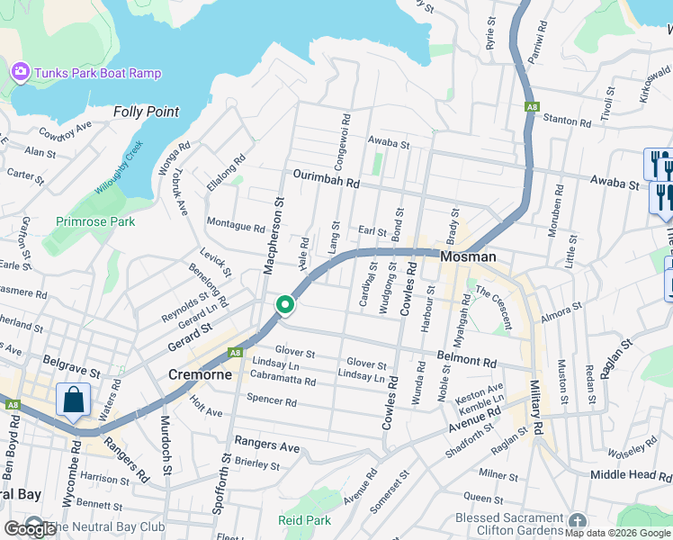 map of restaurants, bars, coffee shops, grocery stores, and more near 419 Military Road in Mosman