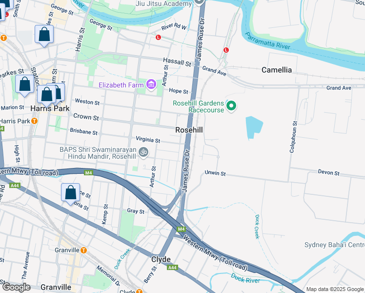 map of restaurants, bars, coffee shops, grocery stores, and more near 88 James Ruse Drive in Rosehill