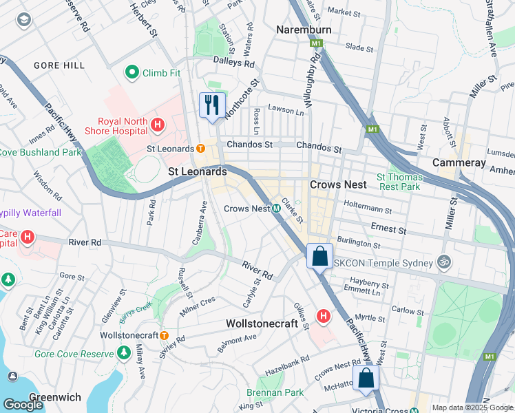 map of restaurants, bars, coffee shops, grocery stores, and more near 55 Christie Street in St Leonards