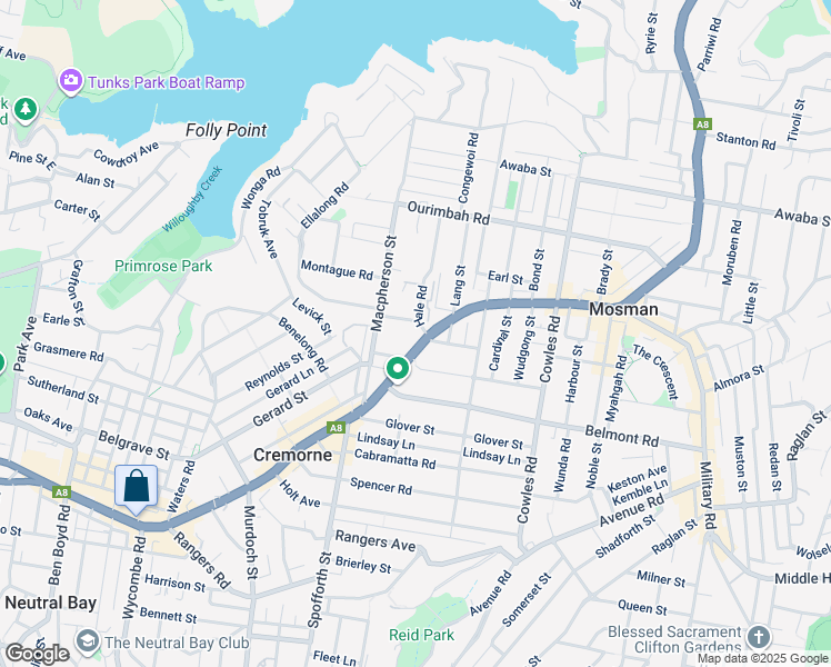 map of restaurants, bars, coffee shops, grocery stores, and more near 492 Military Road in Mosman