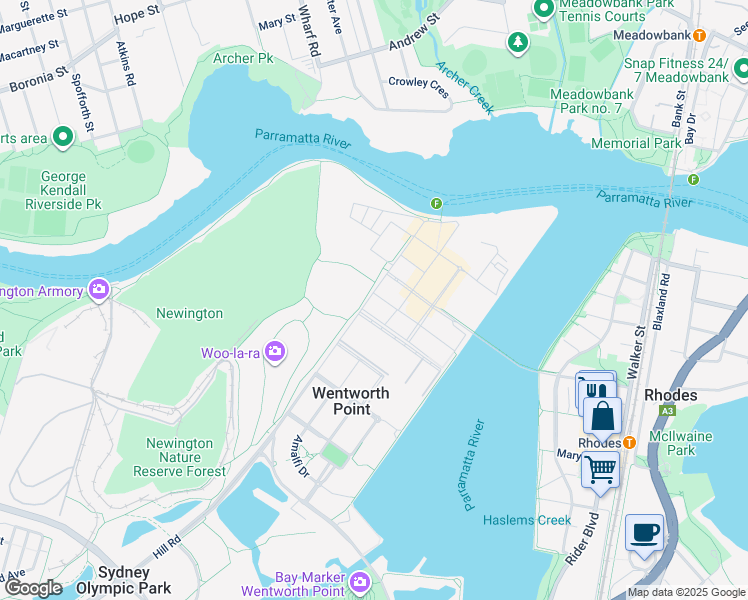 map of restaurants, bars, coffee shops, grocery stores, and more near 45 Hill Road in Wentworth Point