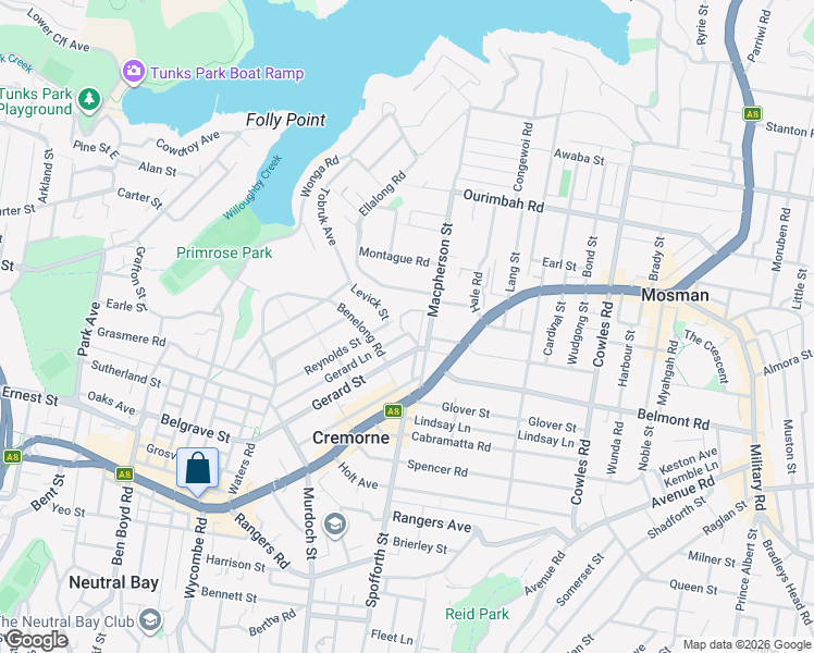 map of restaurants, bars, coffee shops, grocery stores, and more near 6 Prospect Avenue in Cremorne