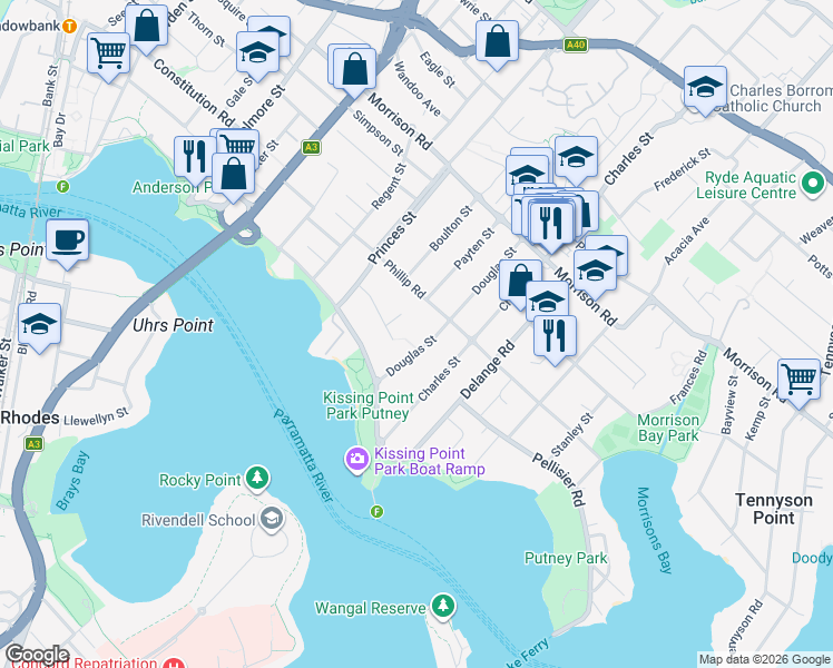 map of restaurants, bars, coffee shops, grocery stores, and more near 45 Douglas Street in Putney