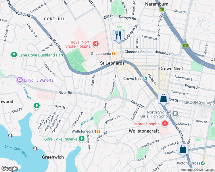 map of restaurants, bars, coffee shops, grocery stores, and more near 21 Canberra Avenue in St Leonards