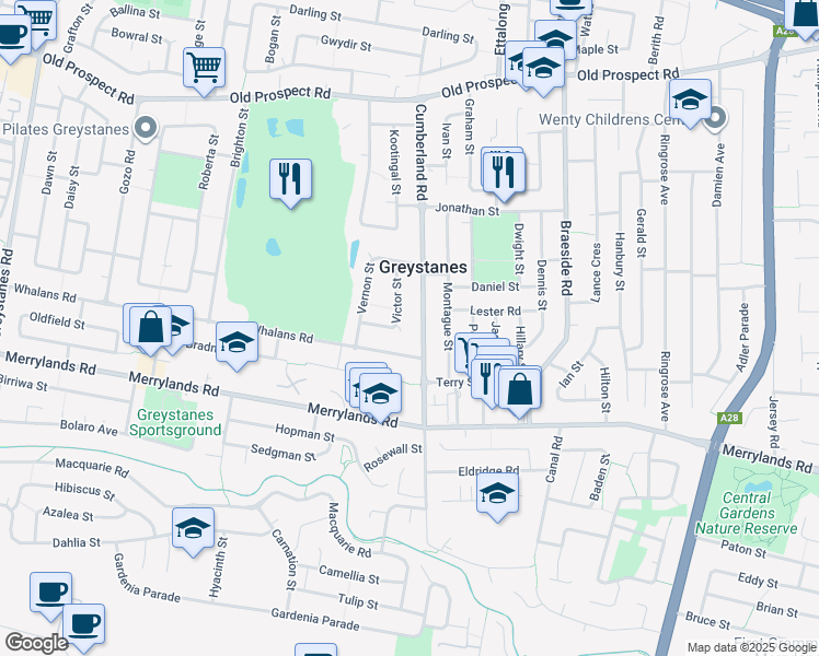 map of restaurants, bars, coffee shops, grocery stores, and more near 30 Victor Street in Greystanes