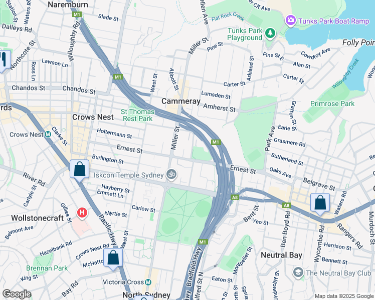 map of restaurants, bars, coffee shops, grocery stores, and more near 2 Anzac Avenue in Cammeray