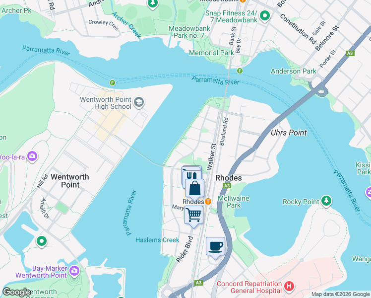 map of restaurants, bars, coffee shops, grocery stores, and more near 38 Shoreline Drive in Rhodes