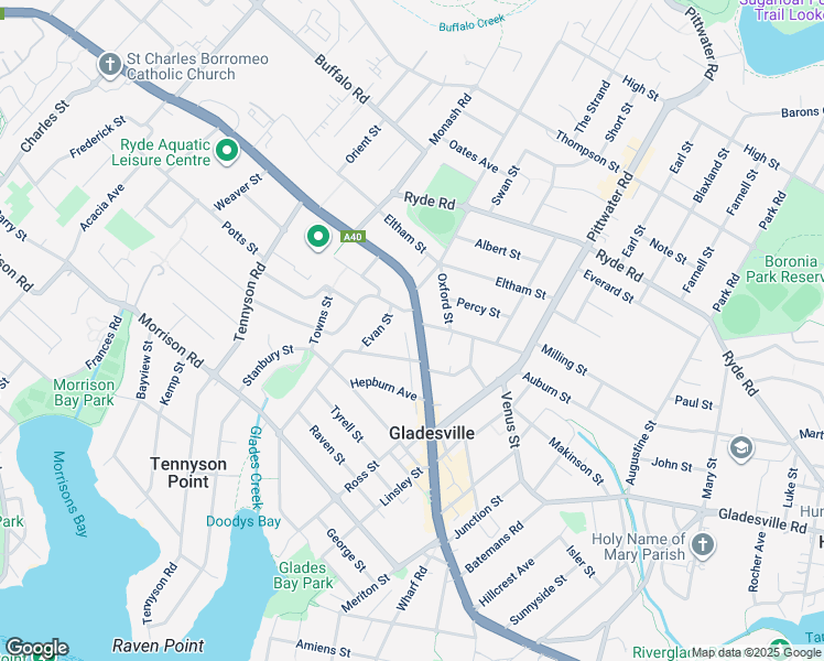 map of restaurants, bars, coffee shops, grocery stores, and more near 312 Victoria Road in Gladesville