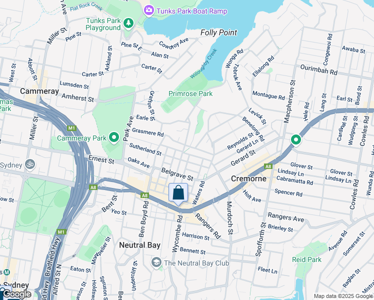 map of restaurants, bars, coffee shops, grocery stores, and more near 71 Grasmere Road in Cremorne