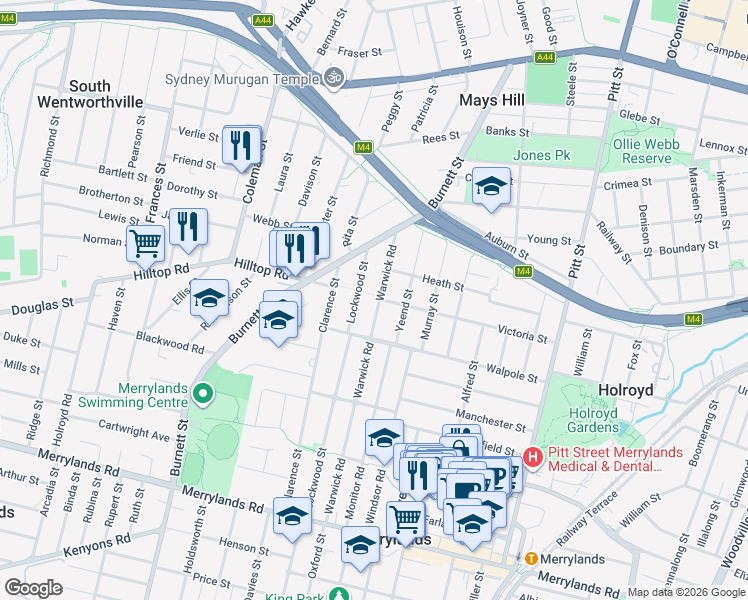 map of restaurants, bars, coffee shops, grocery stores, and more near 96 Warwick Road in Merrylands
