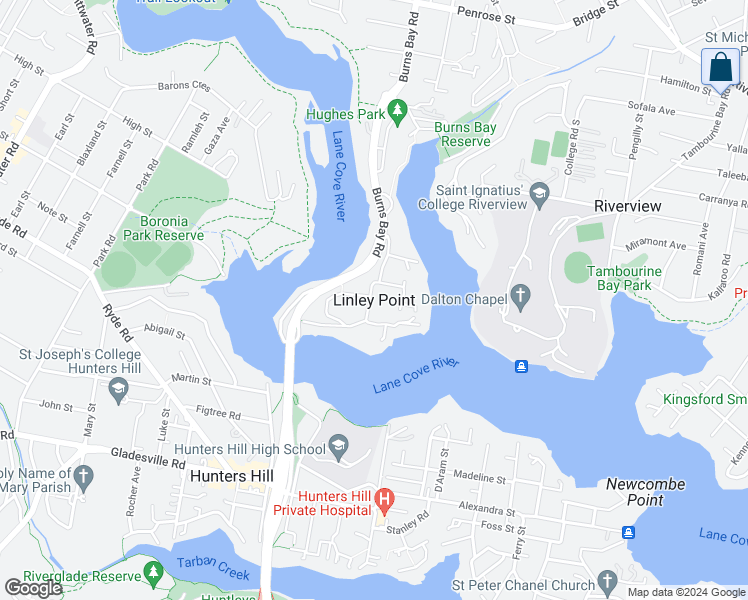 map of restaurants, bars, coffee shops, grocery stores, and more near in Linley Point