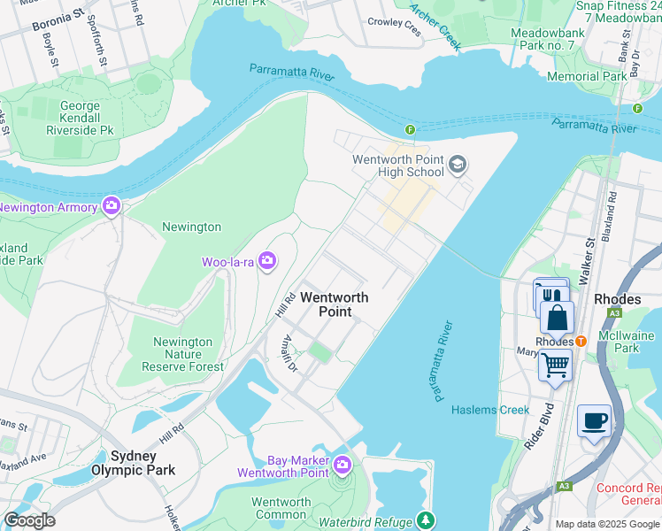 map of restaurants, bars, coffee shops, grocery stores, and more near 4 Nuvolari Place in Wentworth Point