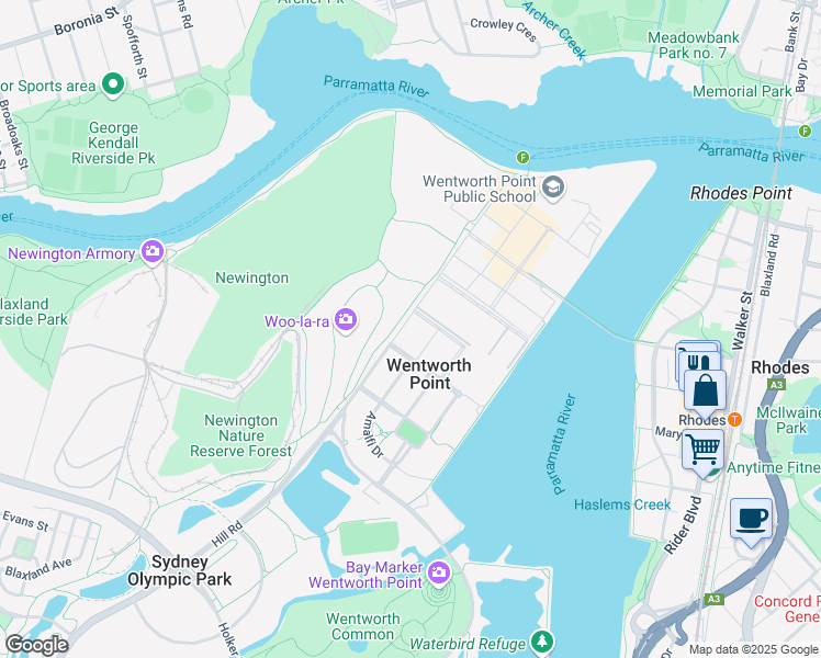 map of restaurants, bars, coffee shops, grocery stores, and more near 33 Hill Road in Wentworth Point