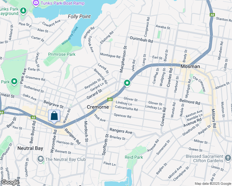 map of restaurants, bars, coffee shops, grocery stores, and more near 2 Macpherson Street in Cremorne