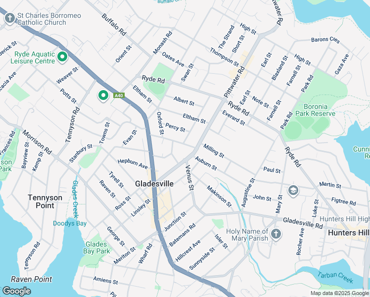 map of restaurants, bars, coffee shops, grocery stores, and more near 27 Cambridge Street in Gladesville