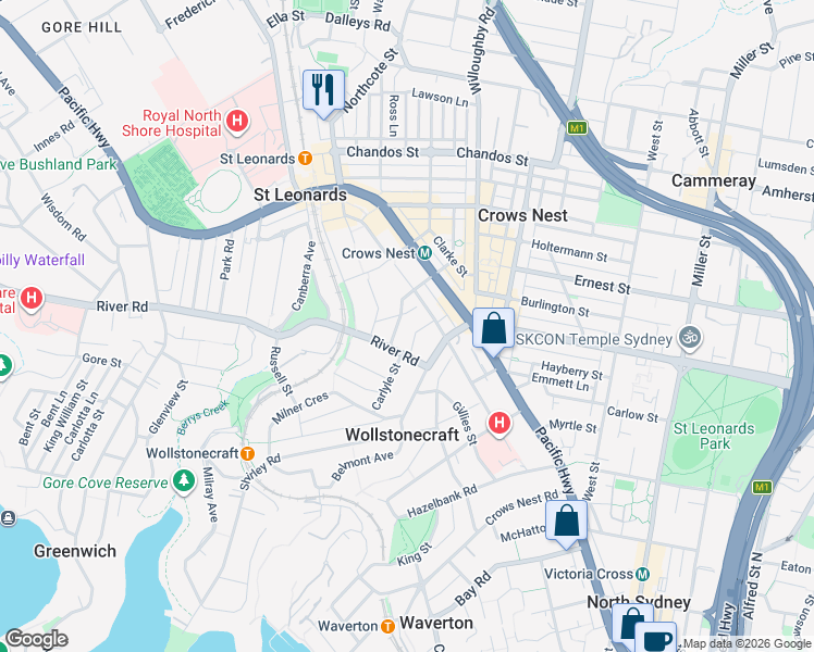 map of restaurants, bars, coffee shops, grocery stores, and more near 4 Lamont Street in Wollstonecraft