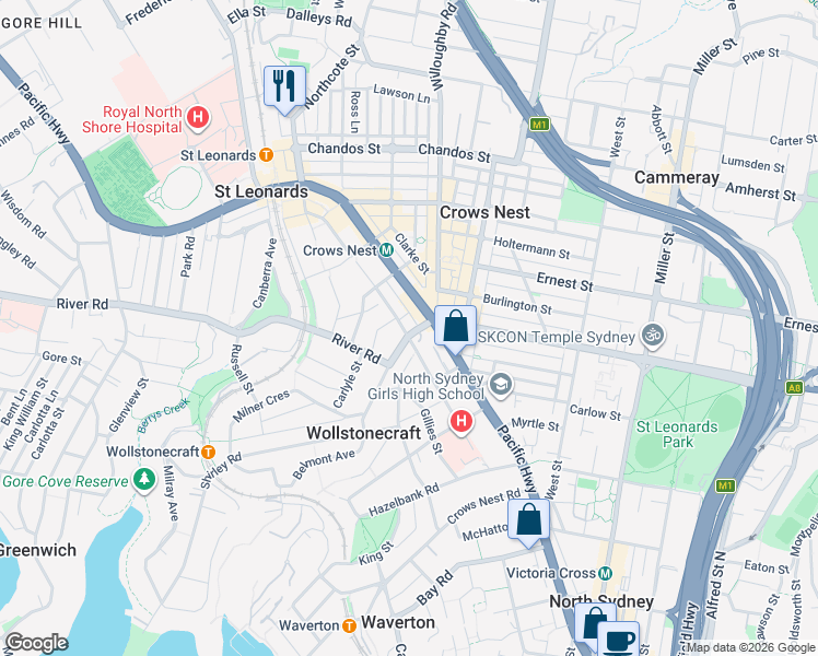map of restaurants, bars, coffee shops, grocery stores, and more near 124 Shirley Road in Wollstonecraft