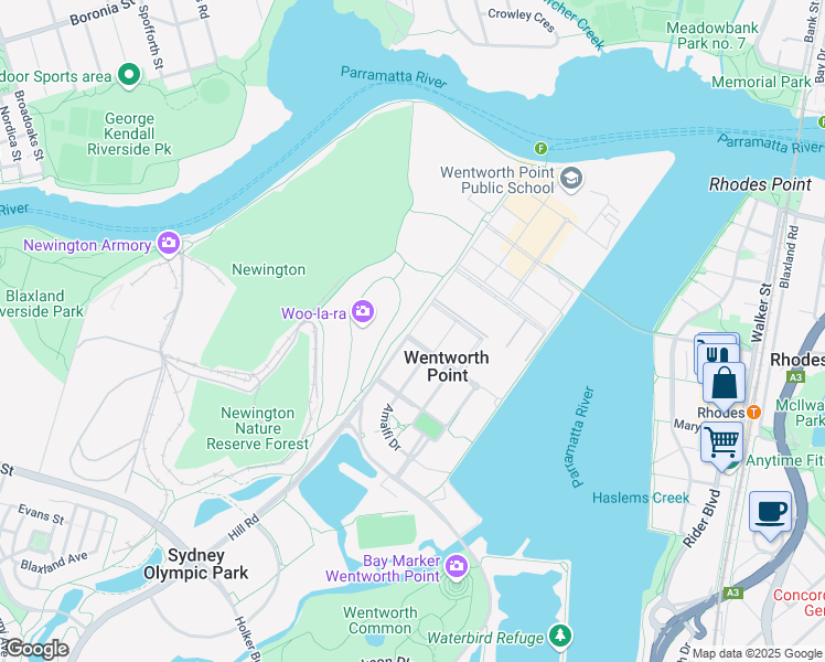 map of restaurants, bars, coffee shops, grocery stores, and more near 15 Hill Road in Wentworth Point